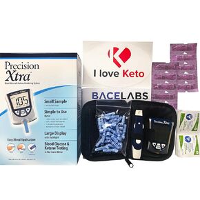 مجموعة أدوات قياس جلوكوز الدم والكيتون Precision Xtra + 10 شرائط اختبار Precision Xtra Ketone + شهر واحد من Abbott Freestyle 28 مقياس الوخز + مناديل كحول dynarex + ملصق I Love Keto in Kuwait