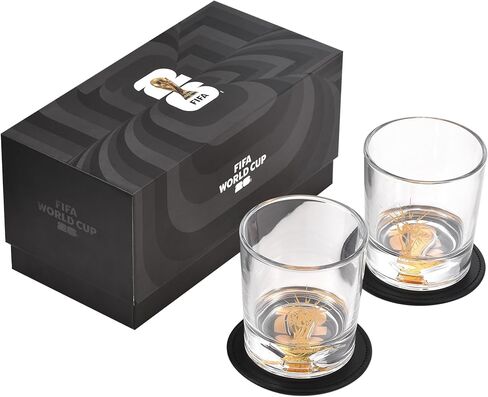 Official FIFA World Cup 2026 Edition - 8oz Whiskey Glass & Leather Coasters Gift Set - 2 of Each - Perfect for Parties, Bars, Tailgates, Mancaves & Gamedays - Once in a Lifetime Drinkware Set in Saudi Arabia