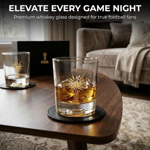 Official FIFA World Cup 2026 Edition - 8oz Whiskey Glass & Leather Coasters Gift Set - 2 of Each - Perfect for Parties, Bars, Tailgates, Mancaves & Gamedays - Once in a Lifetime Drinkware Set in Saudi Arabia
