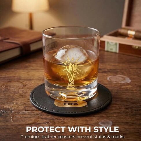 Official FIFA World Cup 2026 Edition - 8oz Whiskey Glass & Leather Coasters Gift Set - 2 of Each - Perfect for Parties, Bars, Tailgates, Mancaves & Gamedays - Once in a Lifetime Drinkware Set in Saudi Arabia
