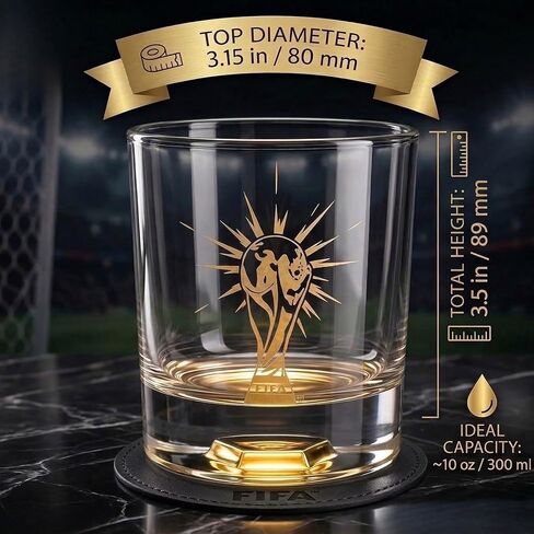 Official FIFA World Cup 2026 Edition - 8oz Whiskey Glass & Leather Coasters Gift Set - 2 of Each - Perfect for Parties, Bars, Tailgates, Mancaves & Gamedays - Once in a Lifetime Drinkware Set in Saudi Arabia