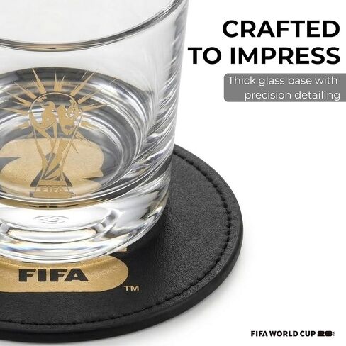Official FIFA World Cup 2026 Edition - 8oz Whiskey Glass & Leather Coasters Gift Set - 2 of Each - Perfect for Parties, Bars, Tailgates, Mancaves & Gamedays - Once in a Lifetime Drinkware Set in Saudi Arabia