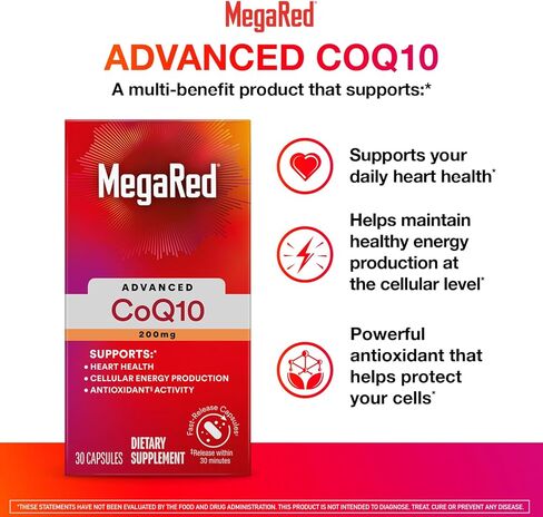 مكملات MegaRed Advanced CoQ10 - 200 مجم لكل جرعة، مضاد أكسدة قوي يدعم إنتاج الطاقة الخلوية ويحمي من الجذور الحرة* - 30 كبسولة من الإنزيم المساعد Q10، 30 وجبة in Kuwait