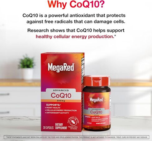 مكملات MegaRed Advanced CoQ10 - 200 مجم لكل جرعة، مضاد أكسدة قوي يدعم إنتاج الطاقة الخلوية ويحمي من الجذور الحرة* - 30 كبسولة من الإنزيم المساعد Q10، 30 وجبة in Kuwait