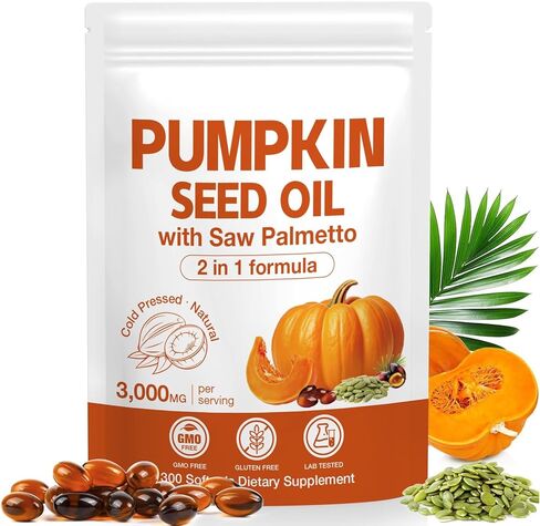 Pumpkin Seed Oil with Saw Palmetto Capsules 300 Softgels - 3000mg Max Strength, Cold-Pressed, Supports Hair, Urinary, Bladder & Prostate Health, Boosts Immunity, Non-GMO in Kuwait
