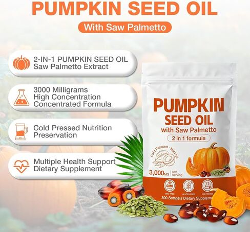 Pumpkin Seed Oil with Saw Palmetto Capsules 300 Softgels - 3000mg Max Strength, Cold-Pressed, Supports Hair, Urinary, Bladder & Prostate Health, Boosts Immunity, Non-GMO in Kuwait