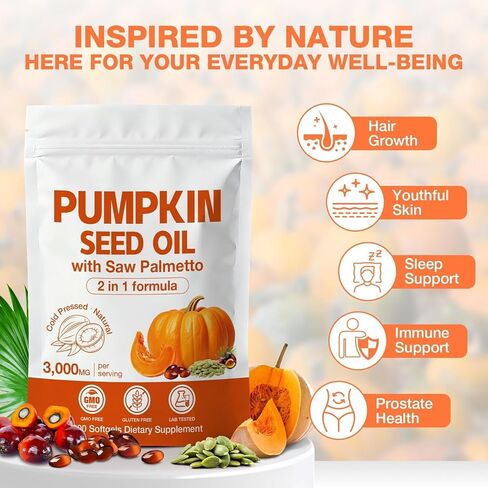 Pumpkin Seed Oil with Saw Palmetto Capsules 300 Softgels - 3000mg Max Strength, Cold-Pressed, Supports Hair, Urinary, Bladder & Prostate Health, Boosts Immunity, Non-GMO in Kuwait