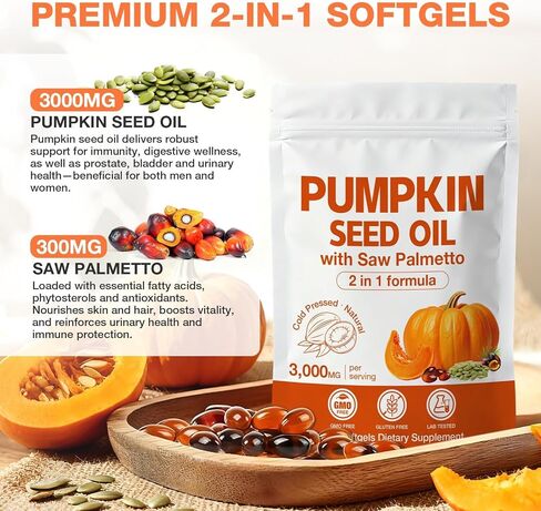 Pumpkin Seed Oil with Saw Palmetto Capsules 300 Softgels - 3000mg Max Strength, Cold-Pressed, Supports Hair, Urinary, Bladder & Prostate Health, Boosts Immunity, Non-GMO in Kuwait