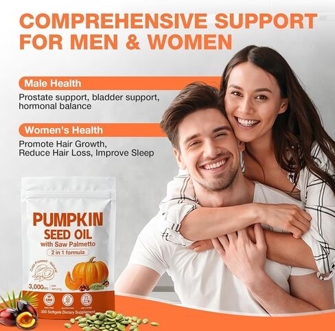 Pumpkin Seed Oil with Saw Palmetto Capsules 300 Softgels - 3000mg Max Strength, Cold-Pressed, Supports Hair, Urinary, Bladder & Prostate Health, Boosts Immunity, Non-GMO in Kuwait