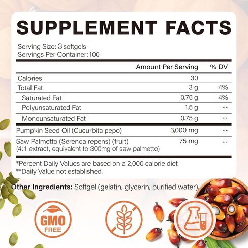 Pumpkin Seed Oil with Saw Palmetto Capsules 300 Softgels - 3000mg Max Strength, Cold-Pressed, Supports Hair, Urinary, Bladder & Prostate Health, Boosts Immunity, Non-GMO in Kuwait