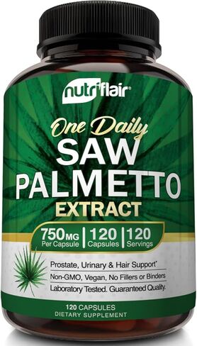 NutriFlair Saw Palmetto Extract 750mg, 120 Capsules - Natural Prostate Supplement & Berry Health Support - Helps Block DHT to Prevent Hair Loss and Helps Reduce Frequent Urination, for Women and Men in Kuwait
