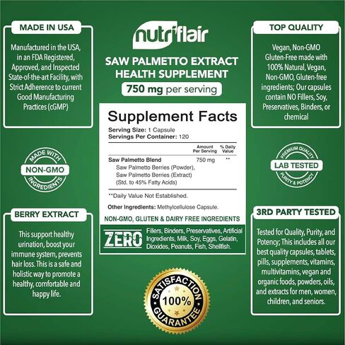 NutriFlair Saw Palmetto Extract 750mg, 120 Capsules - Natural Prostate Supplement & Berry Health Support - Helps Block DHT to Prevent Hair Loss and Helps Reduce Frequent Urination, for Women and Men in Kuwait