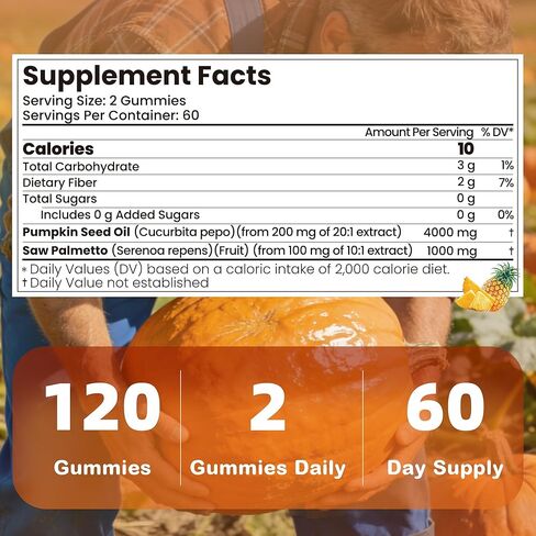 120 Count Pumpkin Seed Oil Gummies with Saw Palmetto | 5,000 mg Cold-Pressed Extract | Sugar-Free Pineapple Flavor | Supports Hair, Skin & Prostate Health | Pumpkin Seed Oil Supplement for Men & Women in Kuwait