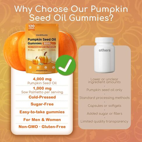 120 Count Pumpkin Seed Oil Gummies with Saw Palmetto | 5,000 mg Cold-Pressed Extract | Sugar-Free Pineapple Flavor | Supports Hair, Skin & Prostate Health | Pumpkin Seed Oil Supplement for Men & Women in Kuwait