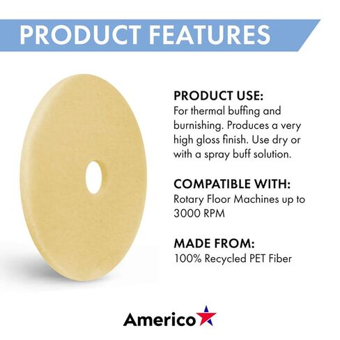 Americo Image-Beige Ultra High Speed Burnishing Floor Pad, Polish to High Gloss, Soft to Medium Finishes, 27" Diameter, 5 Pads/Case, Made in USA in Kuwait