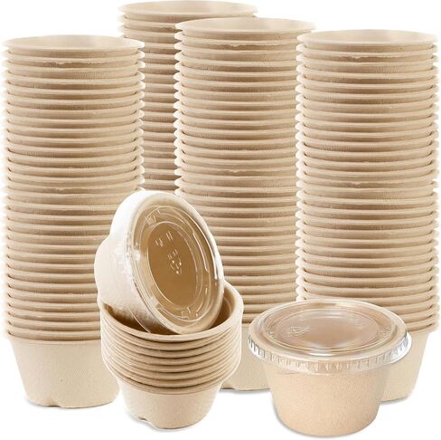 EcoQuality 2 oz Compostable Condiment Souffle Bagasse Cups with Lids - Portion Cup with Lid Sugarcane, Biodegradable Perfect For Sauces, Samples, Condiments, Slime, Jello Shot, Food Storage (50) in Kuwait