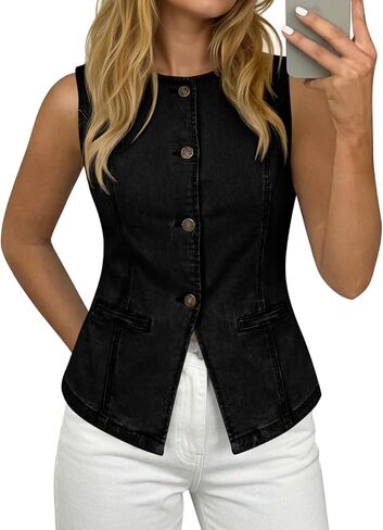 Tankaneo Womens Button Down Denim Stend strendy fultyless Jean Tank Tops Crew Neck Perchcoat in Saudi Arabia