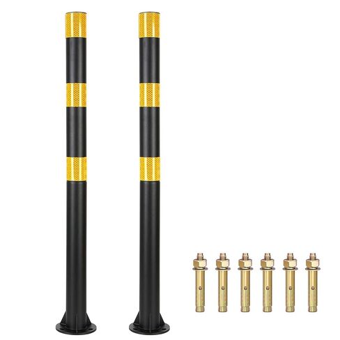 32" Safety Bollard Post, Black Steel Parking Post with Reflective Tape, 2" Diameter Heavy Duty Barrier Post with 3 Anchor Bolts for Driveways, Parking Lots, Sidewalks & Traffic Control in Kuwait