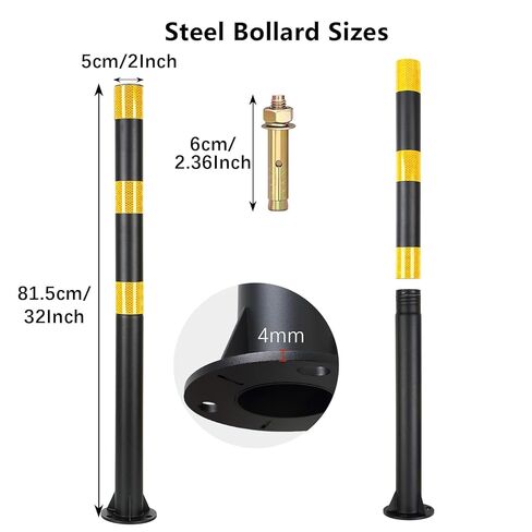 32" Safety Bollard Post, Black Steel Parking Post with Reflective Tape, 2" Diameter Heavy Duty Barrier Post with 3 Anchor Bolts for Driveways, Parking Lots, Sidewalks & Traffic Control in Saudi Arabia