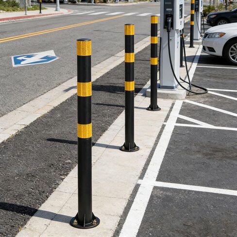 32" Safety Bollard Post, Black Steel Parking Post with Reflective Tape, 2" Diameter Heavy Duty Barrier Post with 3 Anchor Bolts for Driveways, Parking Lots, Sidewalks & Traffic Control in Saudi Arabia