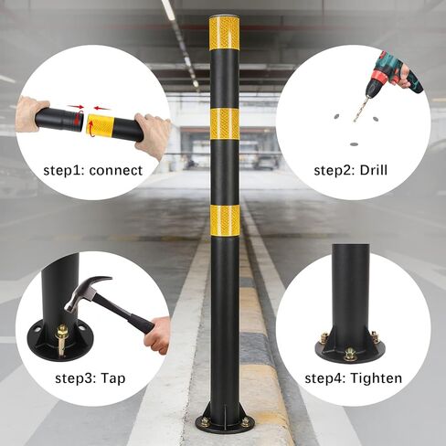 32" Safety Bollard Post, Black Steel Parking Post with Reflective Tape, 2" Diameter Heavy Duty Barrier Post with 3 Anchor Bolts for Driveways, Parking Lots, Sidewalks & Traffic Control in Saudi Arabia