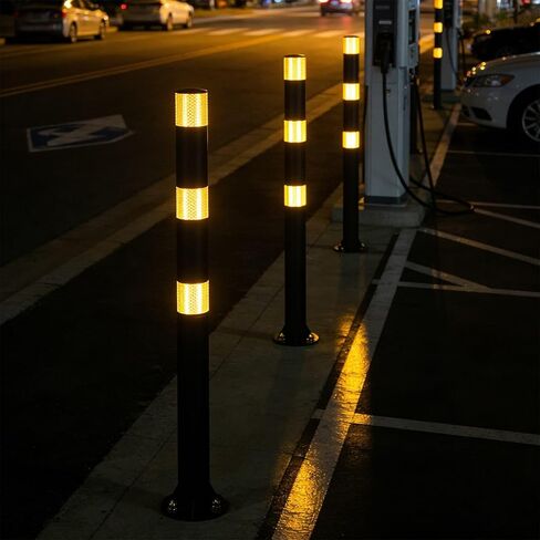 32" Safety Bollard Post, Black Steel Parking Post with Reflective Tape, 2" Diameter Heavy Duty Barrier Post with 3 Anchor Bolts for Driveways, Parking Lots, Sidewalks & Traffic Control in Saudi Arabia