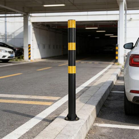 32" Safety Bollard Post, Black Steel Parking Post with Reflective Tape, 2" Diameter Heavy Duty Barrier Post with 3 Anchor Bolts for Driveways, Parking Lots, Sidewalks & Traffic Control in Saudi Arabia