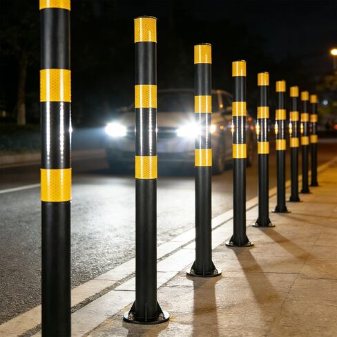 32" Safety Bollard Post, Black Steel Parking Post with Reflective Tape, 2" Diameter Heavy Duty Barrier Post with 3 Anchor Bolts for Driveways, Parking Lots, Sidewalks & Traffic Control in Saudi Arabia
