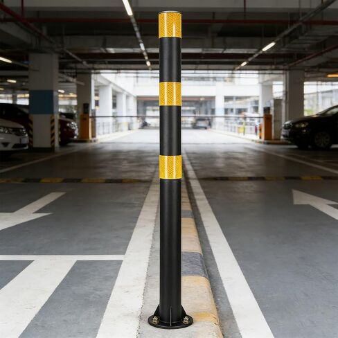 32" Safety Bollard Post, Black Steel Parking Post with Reflective Tape, 2" Diameter Heavy Duty Barrier Post with 3 Anchor Bolts for Driveways, Parking Lots, Sidewalks & Traffic Control in Saudi Arabia