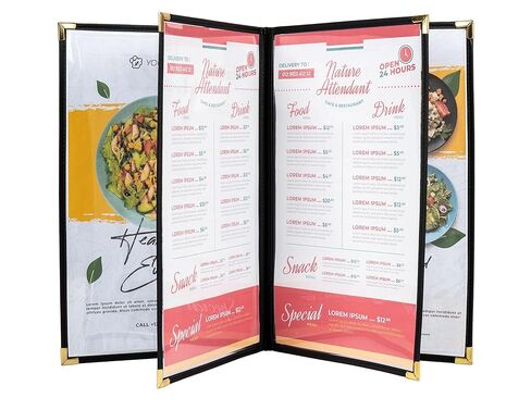 Menu Covers, 4 Page, 4 Pockets, 8 View, for 8.5" x 14" Legal Size Paper, Pack of 6, Black Edging + Gold Metal Corner, Made with Leatherette & Vinyl in Kuwait