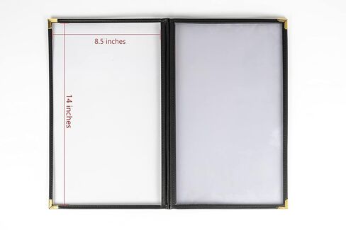 Menu Covers, 4 Page, 4 Pockets, 8 View, for 8.5" x 14" Legal Size Paper, Pack of 6, Black Edging + Gold Metal Corner, Made with Leatherette & Vinyl in Kuwait