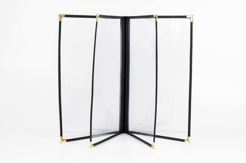 Menu Covers, 4 Page, 4 Pockets, 8 View, for 8.5" x 14" Legal Size Paper, Pack of 6, Black Edging + Gold Metal Corner, Made with Leatherette & Vinyl in Kuwait