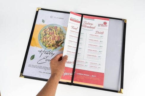 Menu Covers, 4 Page, 4 Pockets, 8 View, for 8.5" x 14" Legal Size Paper, Pack of 6, Black Edging + Gold Metal Corner, Made with Leatherette & Vinyl in Kuwait