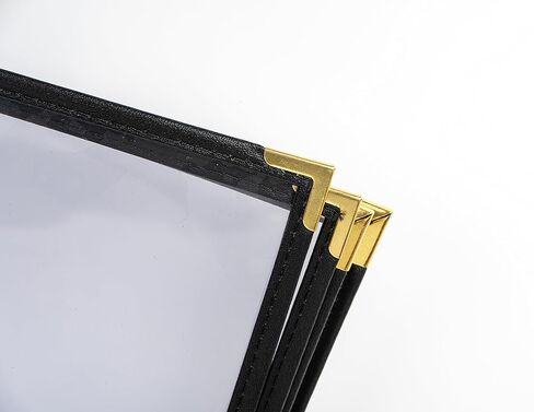 Menu Covers, 4 Page, 4 Pockets, 8 View, for 8.5" x 14" Legal Size Paper, Pack of 6, Black Edging + Gold Metal Corner, Made with Leatherette & Vinyl in Kuwait