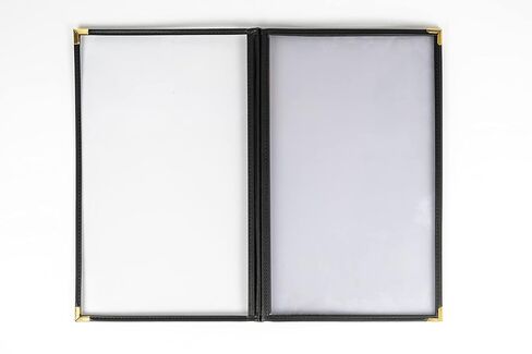 Menu Covers, 4 Page, 4 Pockets, 8 View, for 8.5" x 14" Legal Size Paper, Pack of 6, Black Edging + Gold Metal Corner, Made with Leatherette & Vinyl in Kuwait