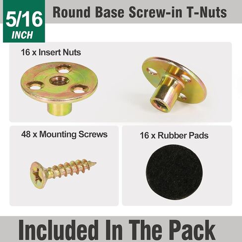 FoDau770 3/8"-16 Brad Hole T-Nut with Screws, Zinc Plated Carbon Steel 3-Hole T-Nuts, Insert Female Thread Mounting Fastener for Wood Furniture and DIY Project - 16 Set (64 Pieces) in Kuwait