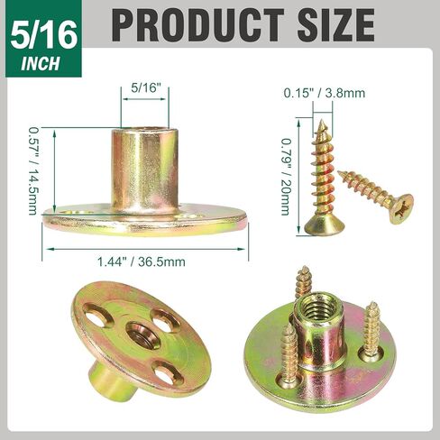 FoDau770 3/8"-16 Brad Hole T-Nut with Screws, Zinc Plated Carbon Steel 3-Hole T-Nuts, Insert Female Thread Mounting Fastener for Wood Furniture and DIY Project - 16 Set (64 Pieces) in Kuwait