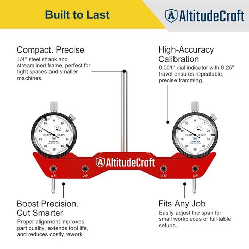 Precise Mill and Lathe Tramming System, Dual 0.001 Inch Dial Indicators, 1/4 Inch Shank CNC Router Calibration Tool for Mini Mills and Spindle Squaring, Protective Case Included in Kuwait
