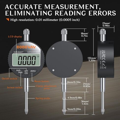 مؤشر رقمي للقرص الإلكتروني مقاس 0-1 بوصة/25.4 مم بدقة احترافية 0.01 مم، إعداد صفر وتحويل بوصة/متري - مثالي لقياس الحجم الصغير وتسوية الطابعة ثلاثية الأبعاد in Kuwait