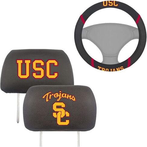 مجموعة ملحقات السيارة AAC FANMATS NCAA مع مساند الرأس وغطاء عجلة القيادة لمحبي USC Trojans المرخصة رسميًا (3 عناصر) in Kuwait