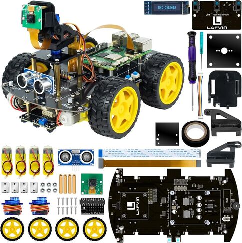 مجموعة السيارة الذكية LAFVIN 4WD لـ Raspberry Pi 5 4 B 3 B+ B A+، تتبع الخط، تتبع الوجه، تجنب العوائق، مع Tutorail (بدون Raspberry Pi) in Kuwait