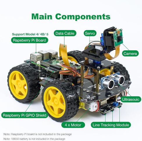 مجموعة السيارة الذكية LAFVIN 4WD لـ Raspberry Pi 5 4 B 3 B+ B A+، تتبع الخط، تتبع الوجه، تجنب العوائق، مع Tutorail (بدون Raspberry Pi) in Kuwait
