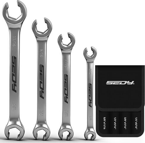 4-Piece Flare Nut Wrench Set - SAE Brake Line Wrench 1/4, 5/16, 3/8, 7/16, 1/2, 9/16, 5/8, 11/16-inch, Professional Offset Heads, Portable Organizer Pouch Included in Kuwait