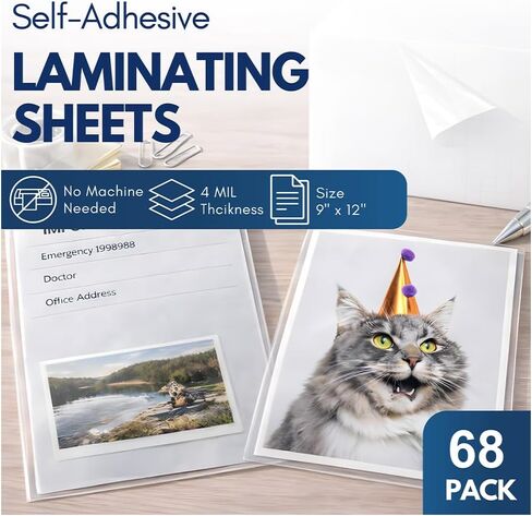 T&W SAME FILM Self Adhesive Laminating Sheets, 5mil, 9 x 12 Inch No Heat Laminating Sheets, Self Sealing Laminating Sheets for Laminator, Round Corner, No Heat, No Machine Needed-28 Pack in Kuwait
