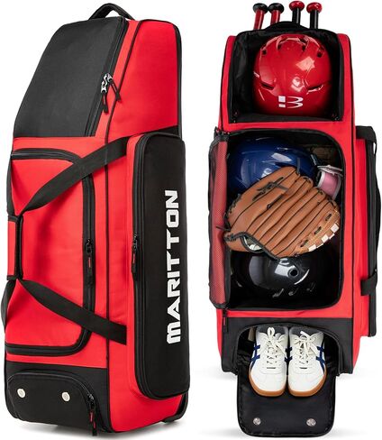 حقيبة معدات صيد البيسبول المتدحرجة بعجلات، حقيبة كبيرة لكرة البيسبول اللينة لأربعة مضارب مع حجرة للأحذية وخطافات سياج وجيوب متعددة. in Kuwait