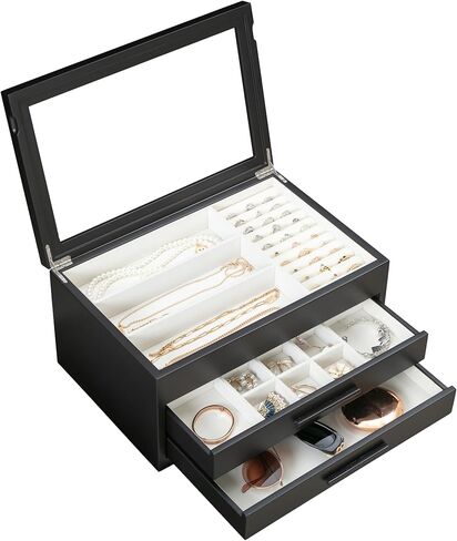 Jewelry Box for Women, Jewelry Storage Organizer with Glass Lid, 3-Layer Jewelry Organizer, 2 Drawers, Modern Style for Earring, Ring, Necklace, Bracelets in Kuwait