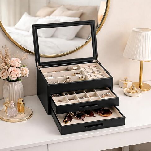 Jewelry Box for Women, Jewelry Storage Organizer with Glass Lid, 3-Layer Jewelry Organizer, 2 Drawers, Modern Style for Earring, Ring, Necklace, Bracelets in Kuwait