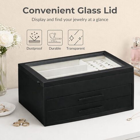 Jewelry Box for Women, Jewelry Storage Organizer with Glass Lid, 3-Layer Jewelry Organizer, 2 Drawers, Modern Style for Earring, Ring, Necklace, Bracelets in Kuwait