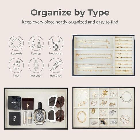 Jewelry Box for Women, Jewelry Storage Organizer with Glass Lid, 3-Layer Jewelry Organizer, 2 Drawers, Modern Style for Earring, Ring, Necklace, Bracelets in Kuwait