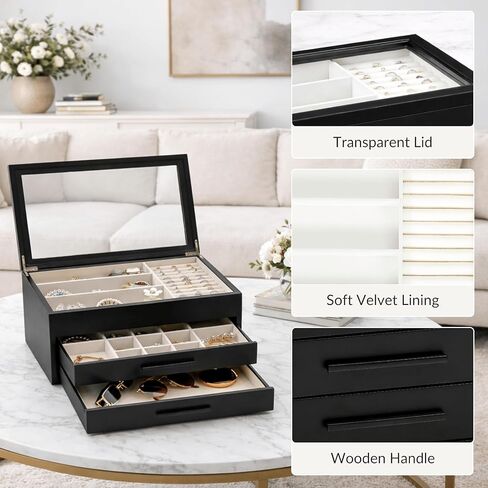 Jewelry Box for Women, Jewelry Storage Organizer with Glass Lid, 3-Layer Jewelry Organizer, 2 Drawers, Modern Style for Earring, Ring, Necklace, Bracelets in Kuwait